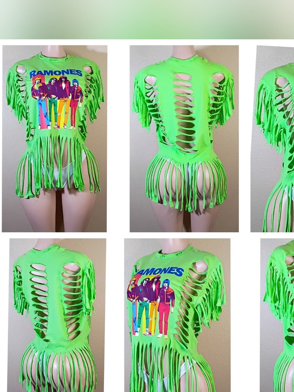Neon Green Ramones Custom Graphic Fringe Tee